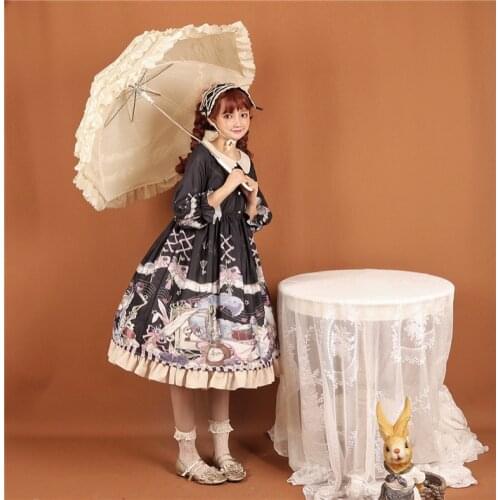 Rabbit and Alice Cute Womens Lolita OP Dress Long Sleeve Dress Puffy Sleeve Peter Pan Collar Lace Bows Trim Dress One Piece