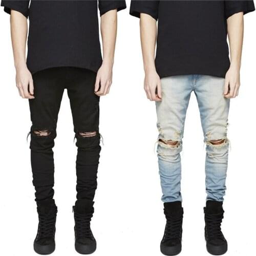 2017 Mens Large Size Pants Knee Big Hole Jeans High Street Tide Male Elastic Slim Pants