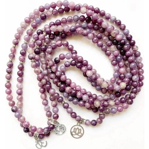 Natural Lepidolite Stones 108 Mala Beads Bracelets Necklaces Lotus Charm Reiki Healing Spiritual Buddhism Jewelry 1pc