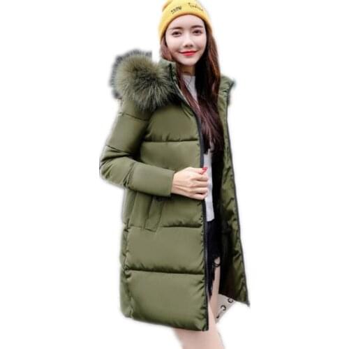 2018 New Solid Winter Women Padded Down Cotton Jacket Hooded Fur Collar Slim Medium-Long Parkas Thicken Casual Winter Coats Q580