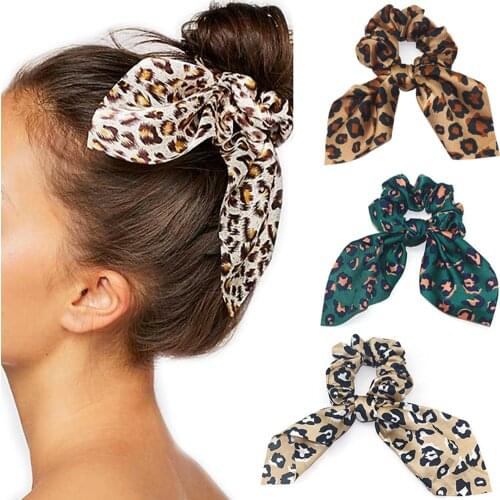 New Cloth Fabric Bowknot Hair Scrunchies Women Cute Pearl Ponytail Holder Hair Rope Rubber Bands Hair Leopard Rabbit Ears