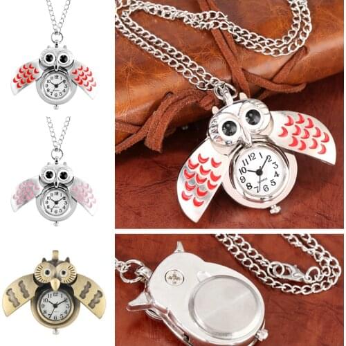 New Fashion Alloy Retro Small Cute Owl Shape Pocket Watch Clock Pendant Long Necklace Chain Watches Birthday Gift for Boys Girls