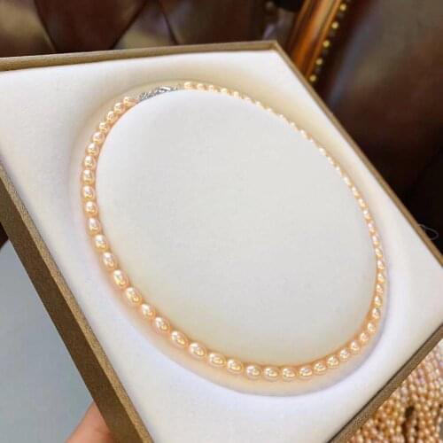 Unique Pearls jewellery Store Rice Pearl Necklace 6-7mm Pink Genuine Freshwater Pearl Necklace Women Jewelry