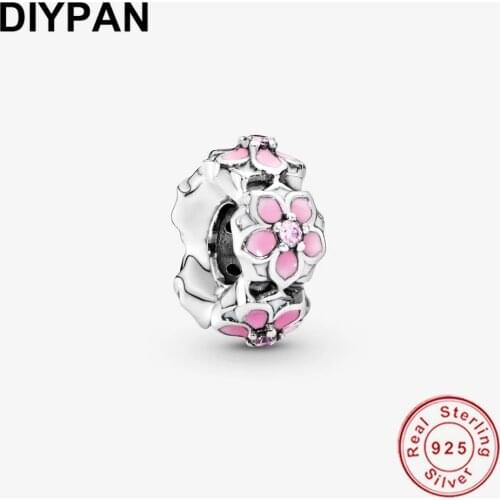 Pink Magnolia Flower Spacer Charm Fit Original Pandora Charms Bracelet 925 Sterling Silver Beads DIY Jewelry Making Berloque