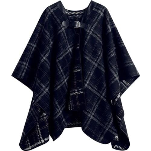 VSUE Women Capes Ponchos Black Plaid Blend Plus Size Half-Sleeve Elegant Chic C0428