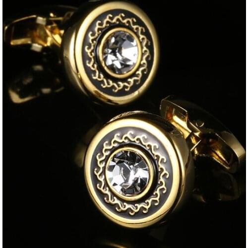 Luxury Round Golden Cufflink With Crystal Cuff Links Shirt Cuff Buttons Wedding/Business/Party Gift Men Fashion Jewelry 10pairs