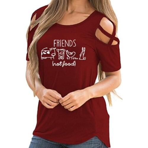 Friends Not Food Letter Print Shirt Female Harajuku Off Shoulder Vintage Vegetarianism Gift Vegan T-Shirt Women Hollow Femme