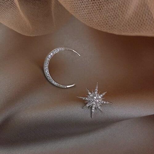 BUDROVKY Korean Moon Star Crystal Asymmetrical Stud Earrings Set For Women Unique Geometric Statement Earings 2020 Fashion Jewel