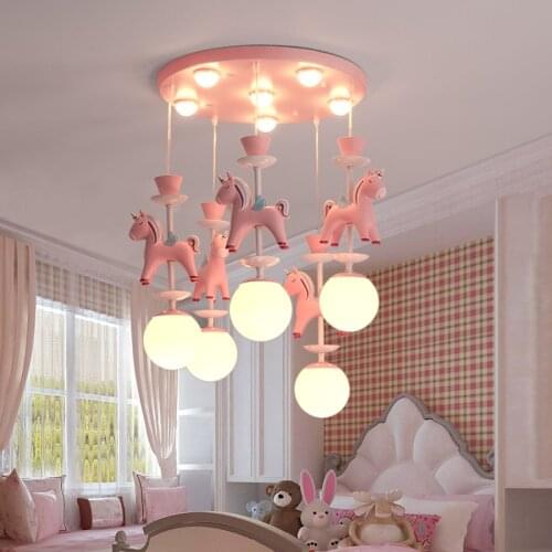 Modern Pendant lighting Cartoon Creative Resin Pony for Princess Childrens Room Bedroom American Colored rotate Horse Lights