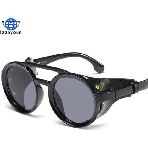 TEENYOUN NEW Men Steampunk Metal Gothic Sunglasses Women Retro Fashion Leather With Side Shades Round Sun glasses