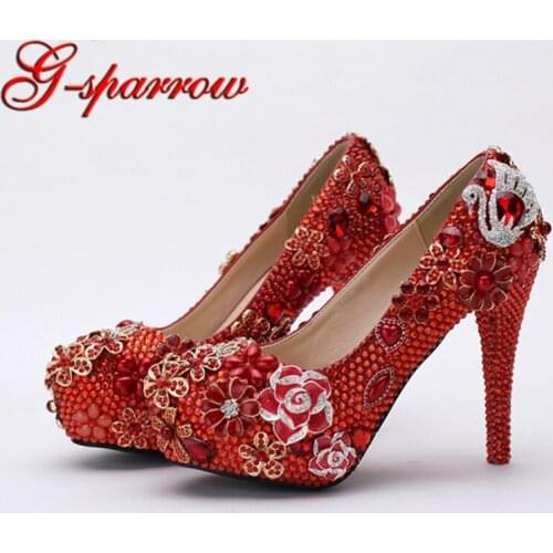 Gorgeous Shoes for Wedding Round Toe Bridal Dress Shoes 4 Inches High Heel Women Platform Shoes Red Color Anniversary Party Shoe