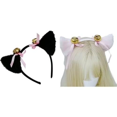 Japanese Lolita Cosplay Headband Sweet Faux Fur Plush Cat Ears Hair Hoop with Bells Bow Masquerade Anime Party Costume