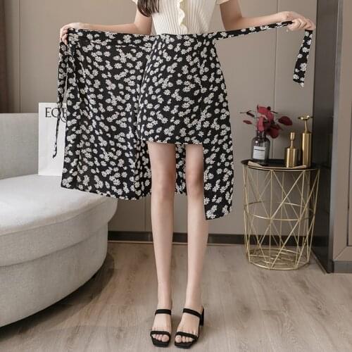 Floral Print Womens Summer Long Skirt One-Piece Lace-Up Wrap Skirts Female Korean Style Slit Skirt with Sashes Sweet Jupe Femme