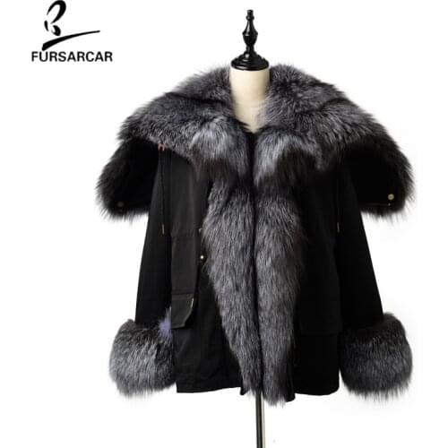 FURSARCAR 2021 Winter Natural Real Silver Fox Fur Parka Womens Winter Parkas Fashion Casual Real Fur Coat Black Hooded Jacket