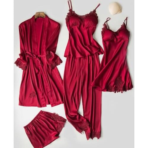 Women Sleepwear Five-piece Sets High Quality Sexy New Long Sleeve Nightdress Ice silk Home Wear With Chest Pad Suspender Pajamas