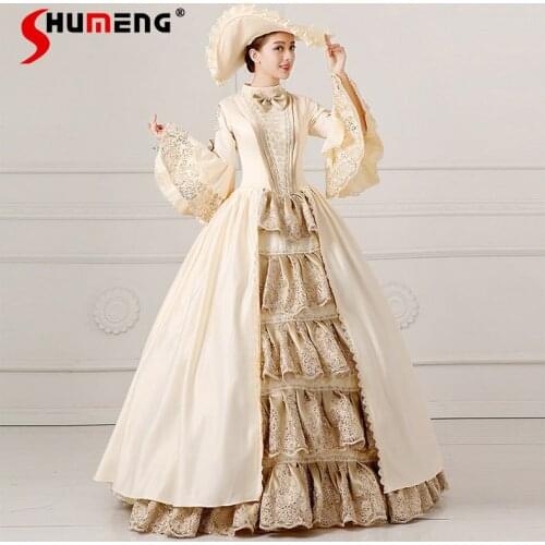 Woman Victorian Marie Antoinette Duchess Beige Dresses Royal Court Clothes Costume Stage European Elegant Photography Show Dress