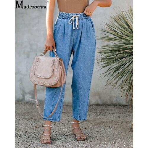 2021 Spring and Summer Casual Womens Plus Size Drawstring Elastic Waist Straight Jeans Loose Casual Streetwear Denim Trousers