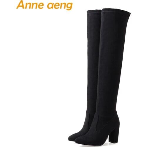 Women winter snow boots Over the Knee high square heels Pointed toe classic sexy ladies black women winter shoes big size 33-46