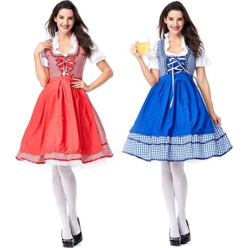 Women Red Blue Bavaria Beer Maid Costume Okotberfest Dirndl Beer Party Festival Carnival Halloween Fancy Dress Size S-3XL