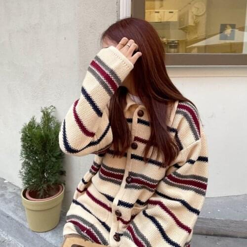 Womens Autumn Winter Long Sleeve Loose Cardigans Streetwear Stripe Knitting Jacket Outwear Ladies Casual Knitwear Cardigans