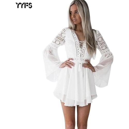 YYFS 2019 Hollow Out Lace Chiffon Dresses Sexy Women Mini Dress Criss Cross Bandage Semi-sheer Plunge V-Neck Long Sleeve Dress