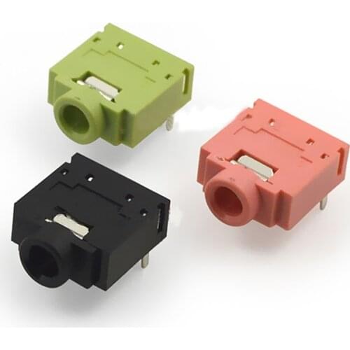 100pcs Jack 3.5mm Headphone Connector Audio Socket Interface Two-channel Five Pins Female PJ-307 Plastic Head Black Pink Green
