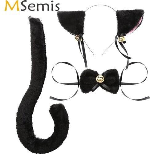 3Pcs Erotic Cosplay Plush Cat Ears Hair Hoop Bow Tie Tail Set Women Sexy Roleplay Costume Naughty Kawaii Maid Lingerie Accessory