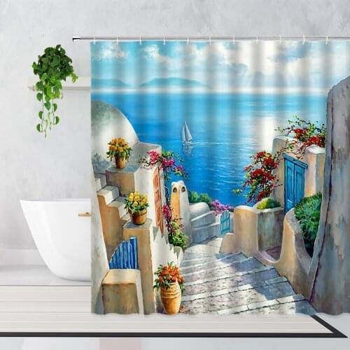 3D Pastoral Landscape Hand-Painted Oil Painting Shower Curtain Aegean Scenery Home Decor Background Waterproof Bath Curtains Set