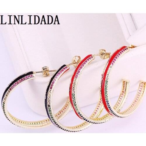 4Pair New Design Black Blue Red White Enamel Circle Earrings Pave Cz Fashion Jewelry Gold Stud Earring For Women Girls Gifts