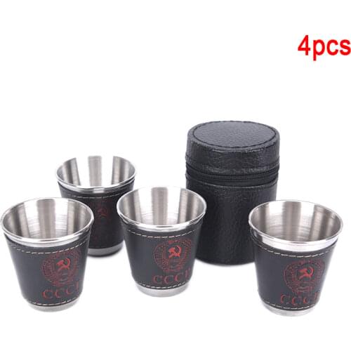 4pcs/lot 70ml Outdoor Camping Tableware Travel Cups Set Picnic Supplies Stainless Steel Wine Beer Cup Whiskey Mugs PU Leather