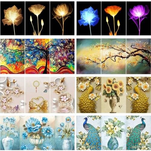5D Diamond Painting Flowers and Animals DIY Full Round Drill 3 Pieces Diamond Painting Decoration Gift Hanging Painting 95x45cm