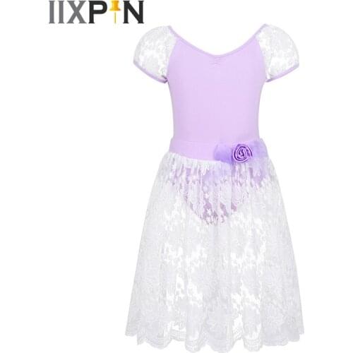 Ballet Girls Short Puff Sleeves Cotton Ballet Dance Kids Gymnastics Leotard Dress with Embroidery Floral Lace Skirt Outfit Set