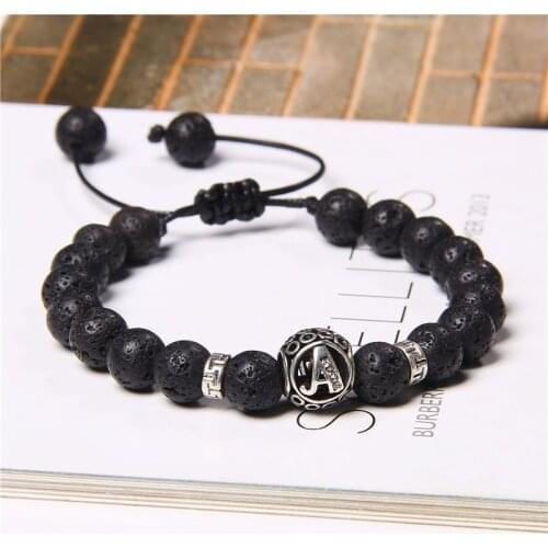 Natural Lava Stone Beads Bracelet 26 Alphabet Letters Charm Couples Braided Bracelet Jewelry for Women Men Fashion Jewelry Gifts