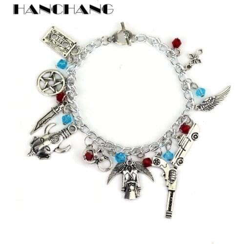 A bracelet Charms Movie Series Jewelry Supernatural Dean Winchester Gun Sword Beads Pendants Bracelets for Women Punk bangle
