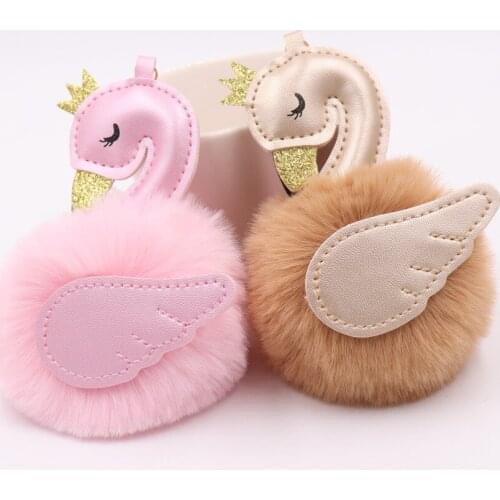 Flamingo Pompon Key Chain Gold Crown Sequin PU Wings Fur Charm Alloy Car Bag Key Ring Holder WomenFashion Jewelry Pendant