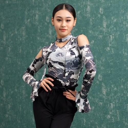 Floral Latin Dance Tops Women Stage Costume Long Sleeve Salsa Dancing Outfit Ballroom Practice Wear Tango Dancewear DL8324