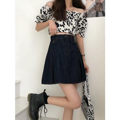 Denim skirt female summer Korean version of the high waist was thin, all-match pleated A-line skirt tide