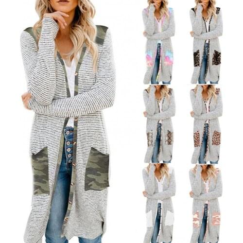 2021 Autumn Winter Women Sweater Long Sleeve Open Front Cardigan Leopard Camouflage Pocket Mid-length Coat Casual Oversize Top