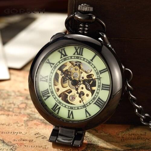 Classic Retro Black & Bronze Hand Winding Full Steel Pocket Watches Fashion Unique Skeleton Transparent Mechanical Fob Chain