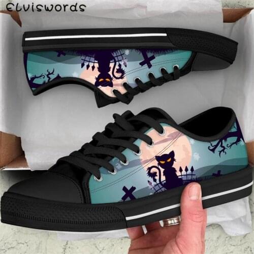 ELVISWORDS Halloween Cat 3D Pattern Women Vulcanized Shoes Classic Canvas Sneakers for Students Girls Leisure Breathable Flats