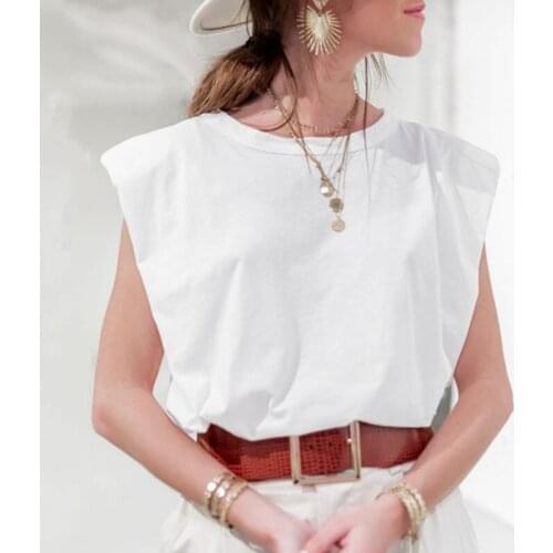 2021 Summer Womens New Design Sense Niche Trendy Shoulder Pad Profile Vest T-shirt Solid Color Wild Loose Loose Slim Top Tees