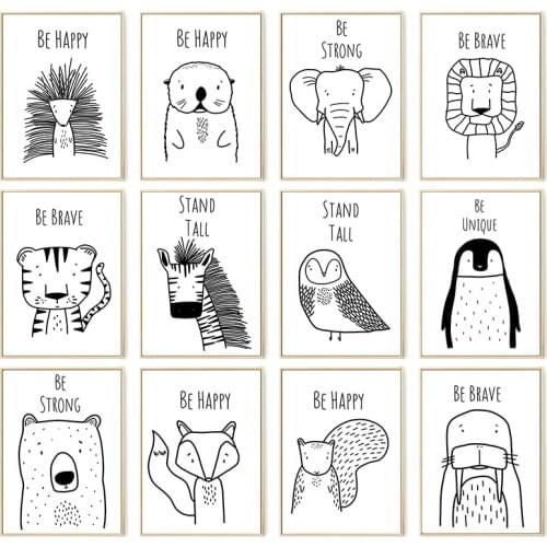 Minimalism Cartoon Animals Wall Art Nursery Bedroom Wall Poster Print Black White Lion Elephant Tiger Canvas Painting Kids Room