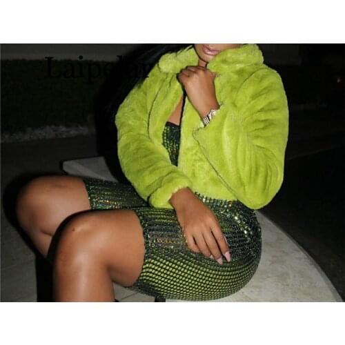 Laipelar Fashion Lime Green Short Faux Fur Coat Winter Neon Fluorescent Warm Cardigan Cropped Jacket Fluffy Teddy Coat