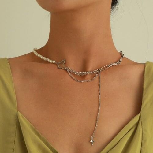 Fashion Imitation Pearl Butterfly Cross Pendant Necklace Women Vintage Punk Thick Chain Clavicle Necklace Colar Jewelry Gift