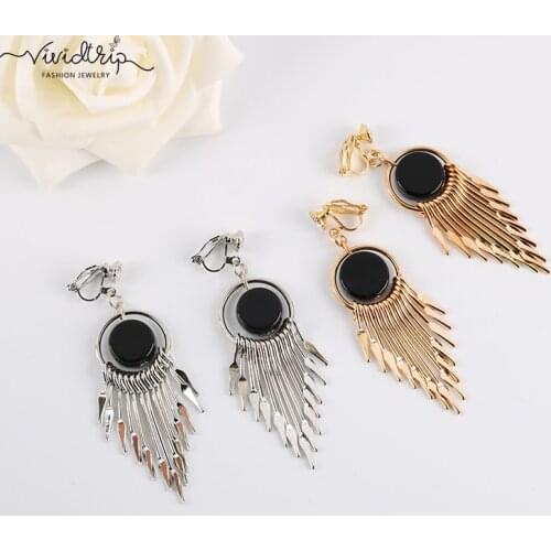 Fashion Long Gold Silver tassel Clip on Earrings for Women Vintage Earrings Non Pierced for Girls Ear Clips Female 2018 Jewelry