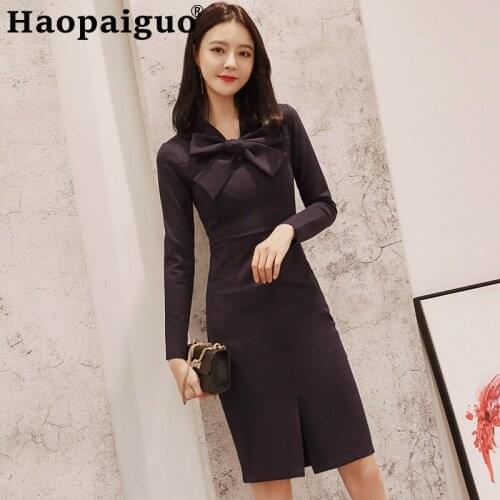 Solid Sheath Bodycon OL Work Office Dress Women Long Sleeve Split Wrap Midi Dress Women with Bow Casual Autumn Winter Dresses