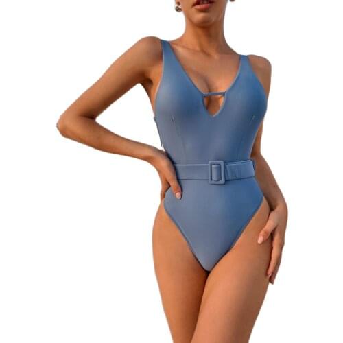Solid Blue Cross V Neck One Piece Swimsuit With Belt Women Sexy Backless Monokini 2021 Bathing Suit Swimwear