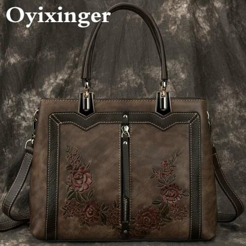 OYIXINGER Retro Women Bag Genuine Leather Luxury Shoulder Bags For Female New Handmade Embossed Vintage Top-handle Bag Ledies