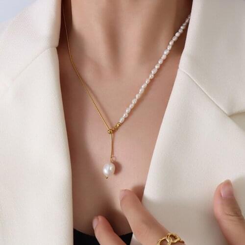 Trendy Gold Plated Stainless Steel Adjustable Choker Necklace Women Chain, Minimalist Natural Freshwater Pearl Necklaces Jewelry