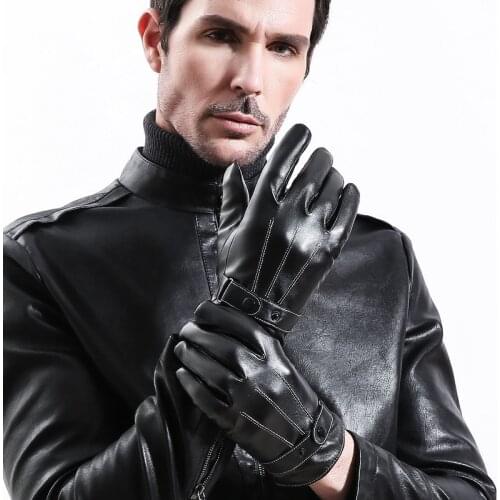 Mens PU Leather Gloves Black Touch Screen Sheepskin Finger Gloves with Wool Lining Warm In Winter Driving Mittens handschoenen